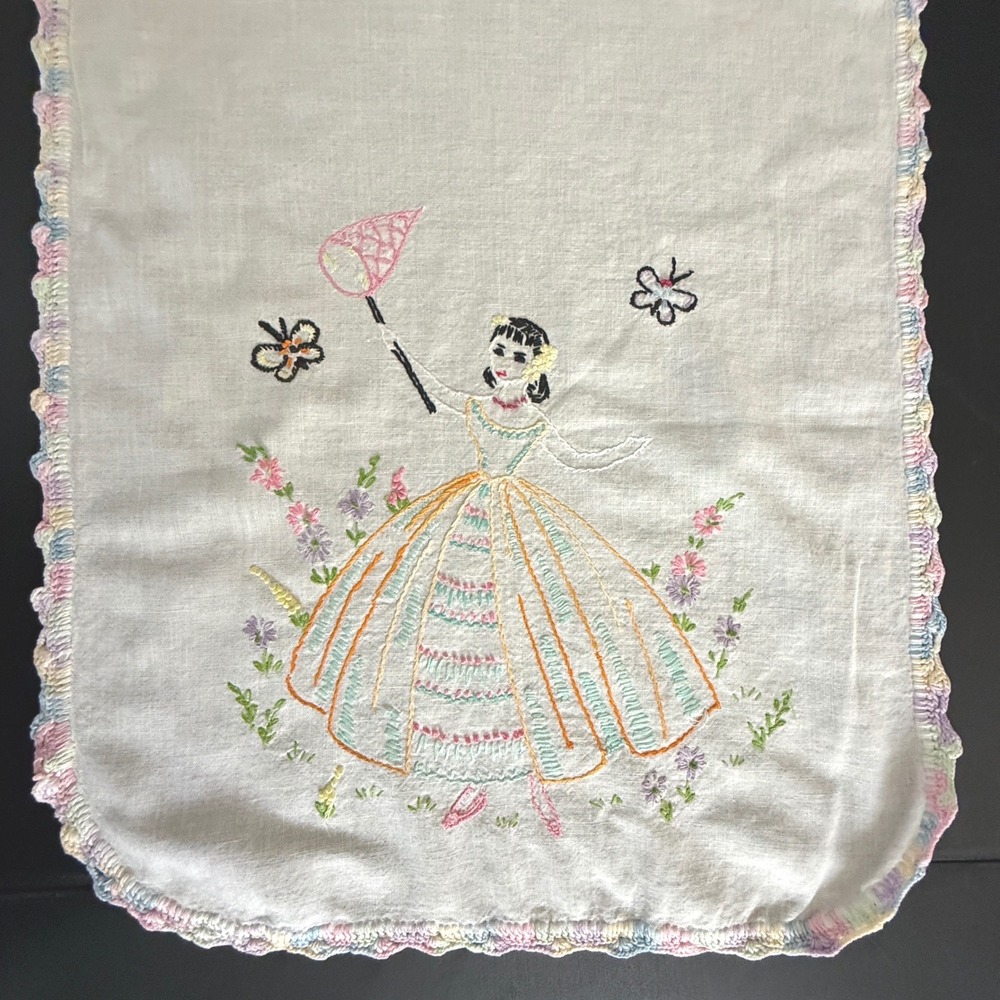 Vintage Hand Embroidered Linen Table Runner Girl Butterfly Pastel Crochet Edge